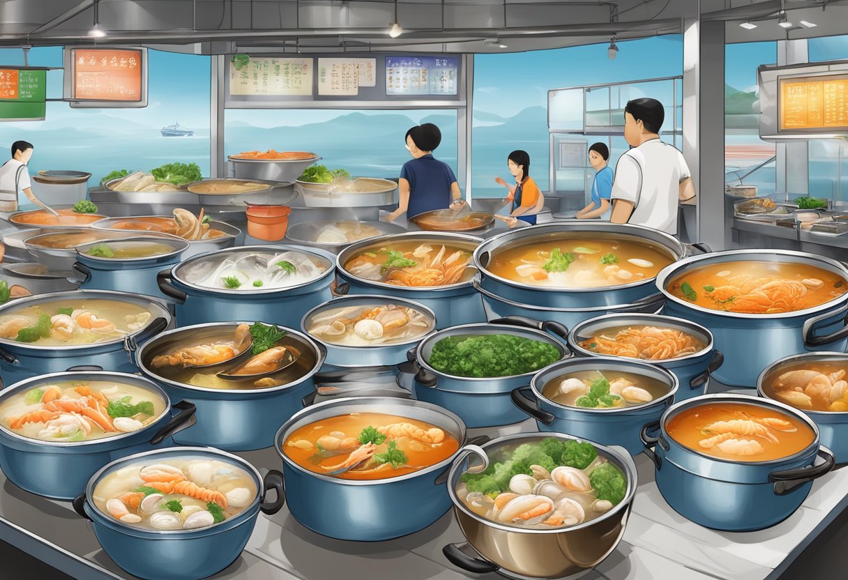 A bustling seafood soup stall at Old Kallang Airport Road, Singapore. Various steaming pots filled with rich, aromatic broth and an array of fresh seafood ingredients