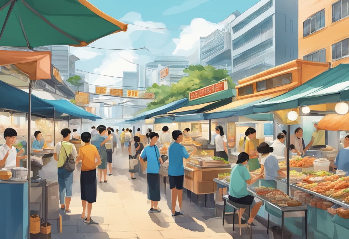 A bustling street scene with a vibrant seafood soup stall at the old Kallang Airport Road in Singapore, surrounded by curious customers and the aroma of delicious food