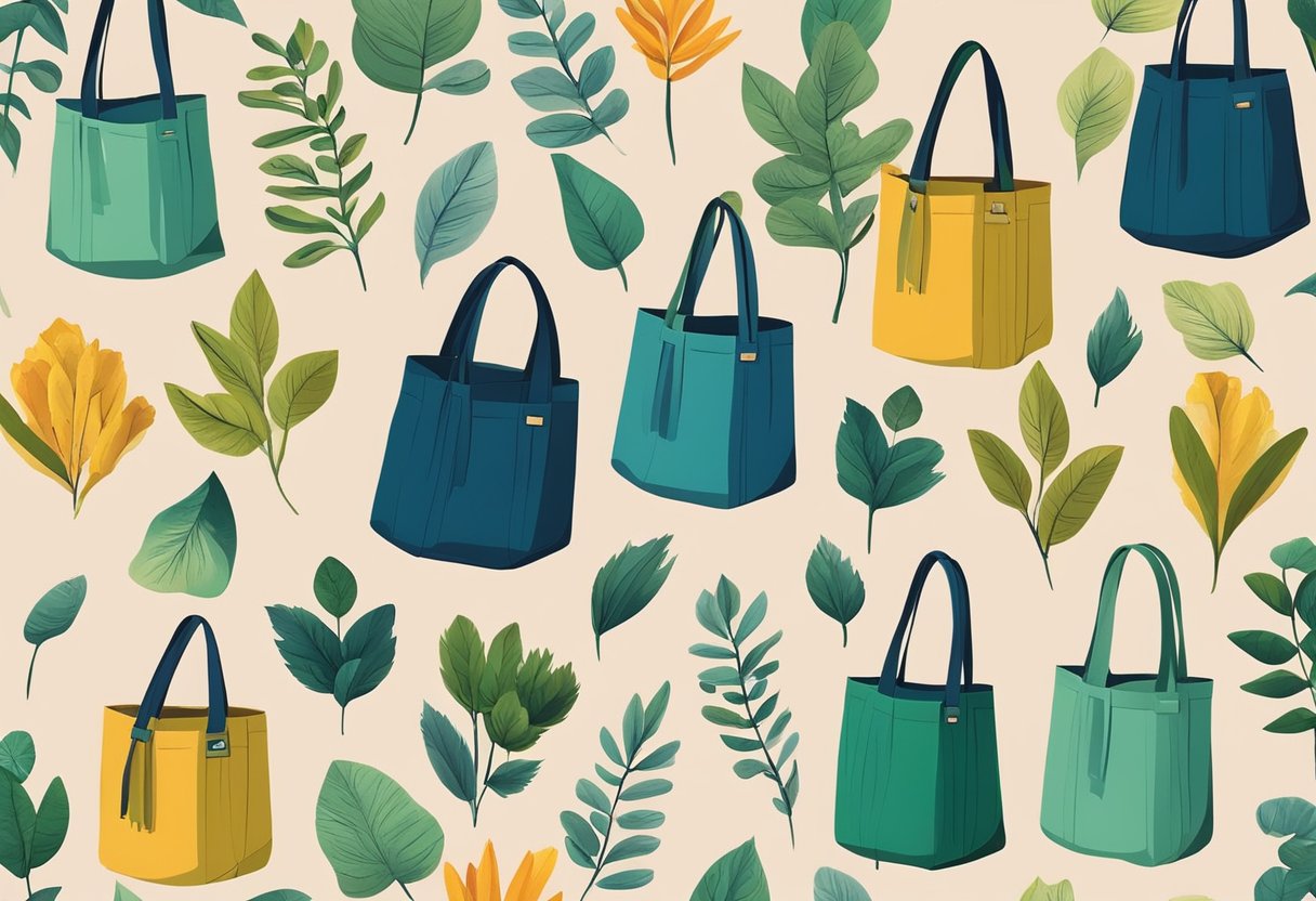Eco tote bags arranged in a colorful display, surrounded by nature-inspired elements like leaves and flowers