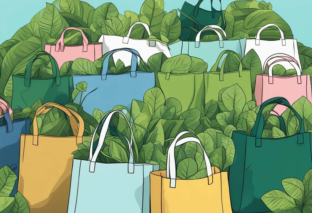A pile of eco-friendly tote bags made from sustainable materials, like organic cotton or recycled polyester, sits against a backdrop of lush greenery and blue skies