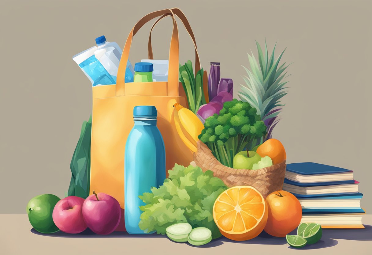 A colorful eco tote bag filled with groceries, next to a reusable water bottle and a stack of books