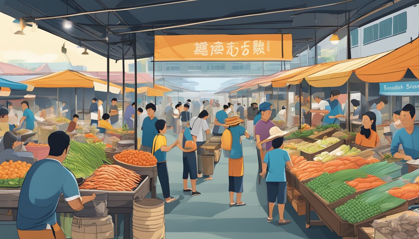 A bustling seafood market in old Punggol, Singapore, with colorful stalls and vendors selling fresh catches from the sea