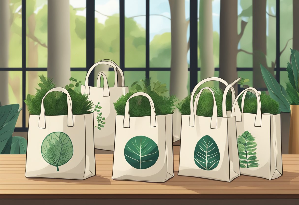 A stack of eco tote bags with "Frequently Asked Questions" printed on them, placed on a table with natural elements in the background