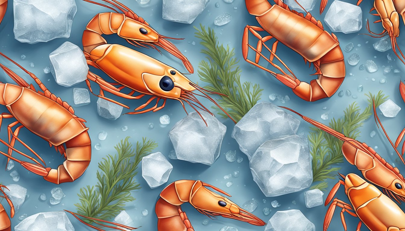 A single prawn resting on a bed of ice, surrounded by other seafood