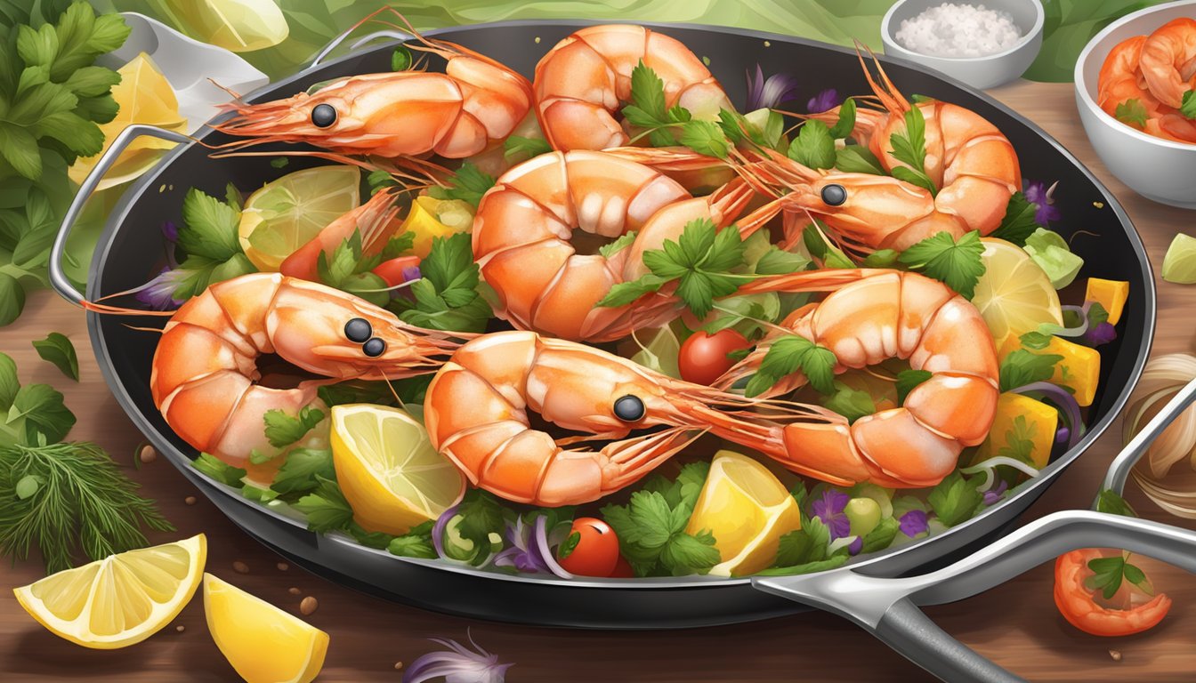 A sizzling skillet of jumbo prawns, surrounded by vibrant, fresh ingredients and aromatic herbs, emanating the tantalizing aroma of a culinary masterpiece