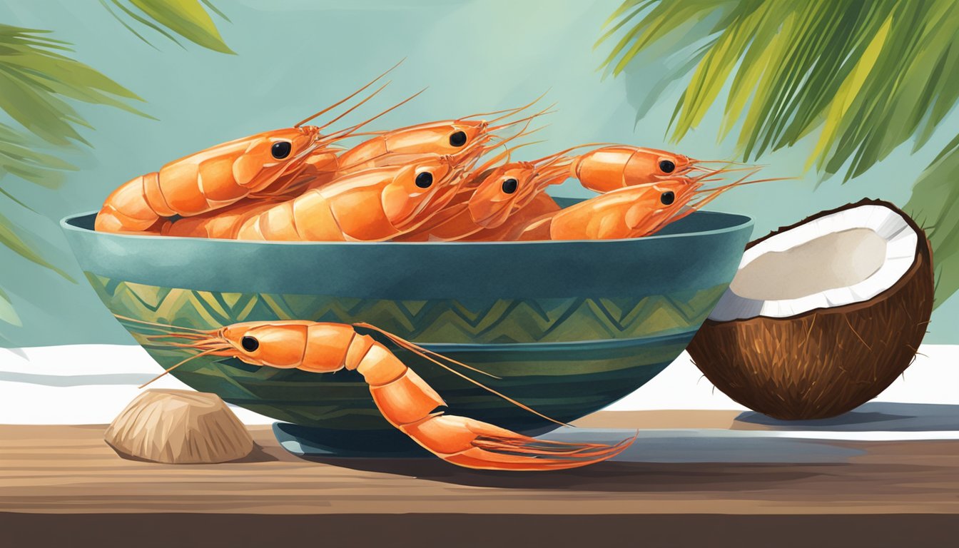 A single prawn rests beside a coconut shell beyond the bowl