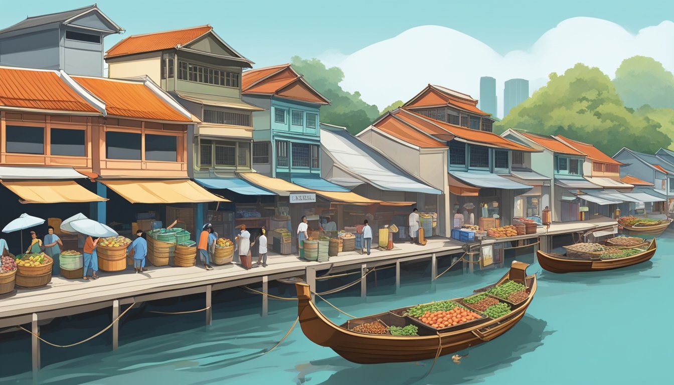 The bustling old Punggol Seafood market in Singapore, with traditional wooden boats unloading fresh catches, and a backdrop of historic shophouses