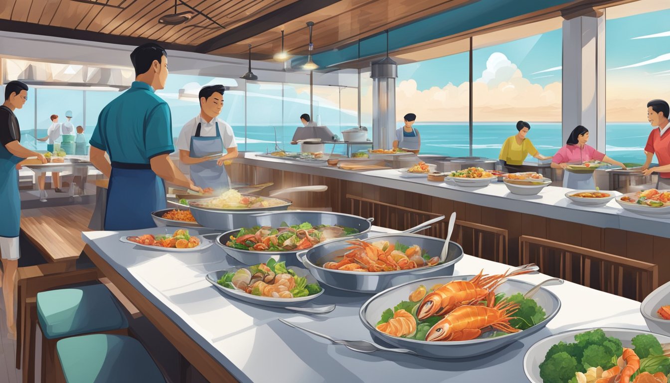 Tables set with fresh seafood and vibrant dishes, diners enjoying waterfront views, bustling kitchen staff preparing traditional Singaporean recipes