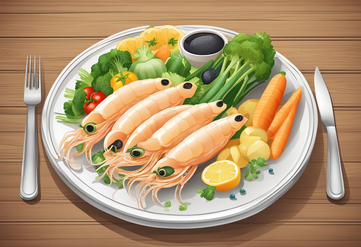 A plate of fresh squid, surrounded by vibrant vegetables and fruits, with a nutritional chart displaying its high protein and low fat content