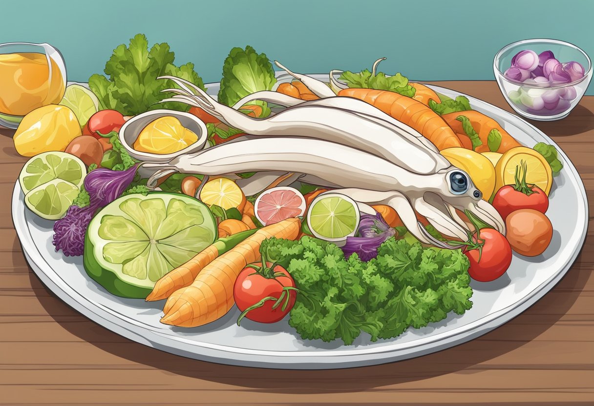 A plate of fresh squid with a variety of colorful vegetables and fruits, showcasing its high nutritional value and potential health implications