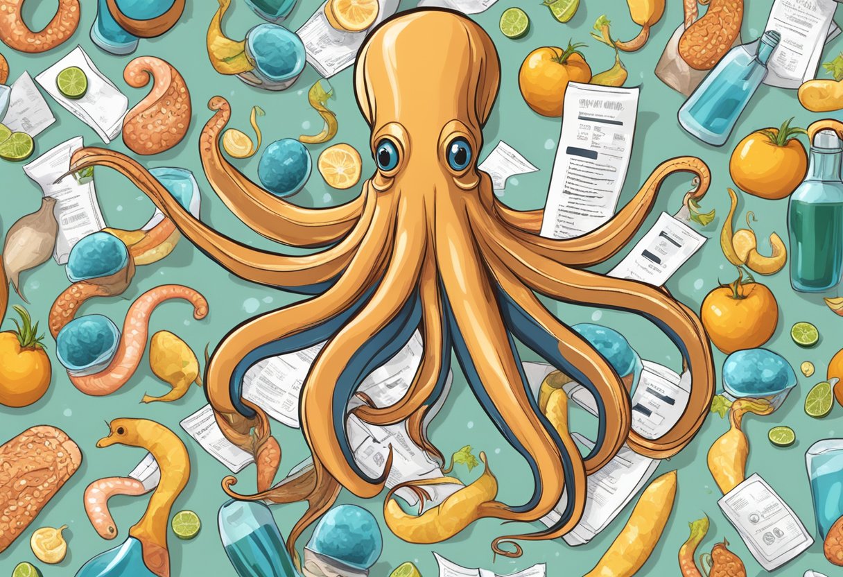 A squid surrounded by question marks and nutritional labels