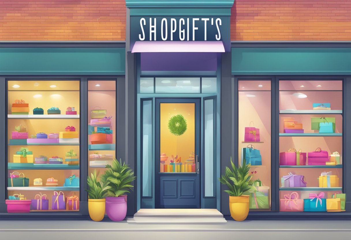 A bright, modern storefront with a large sign reading "Shopgifts" above the entrance. Colorful displays of various items fill the window, inviting customers inside