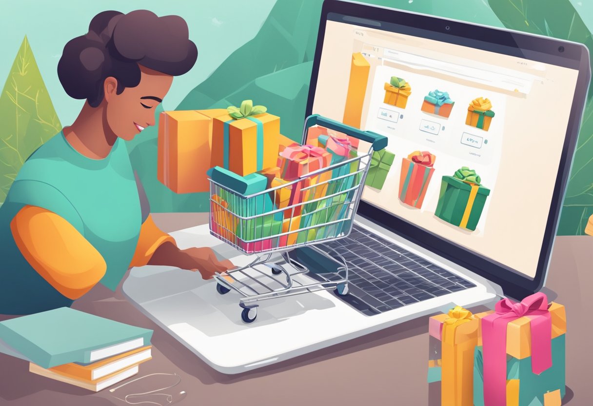 A customer selects a gift online, adds it to their cart, and proceeds to checkout. The shop processes the order, packages the gift, and arranges for delivery to the customer's address