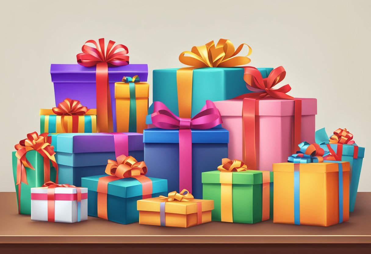 A pile of assorted wrapped gifts stacked on a table, with colorful ribbons and bows