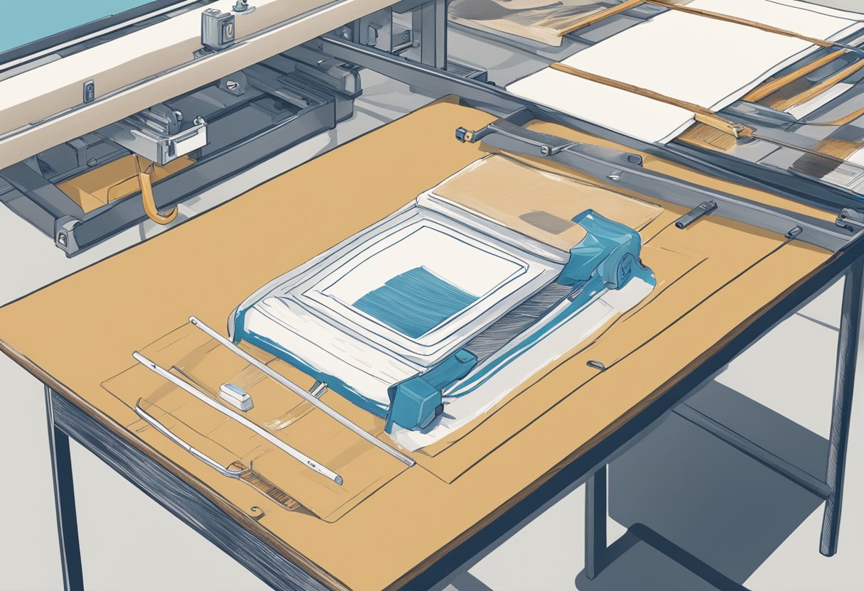A canvas bag lies flat on a table, with a screen printing frame positioned above it. Ink is being squeegeed through the screen onto the bag, creating a design