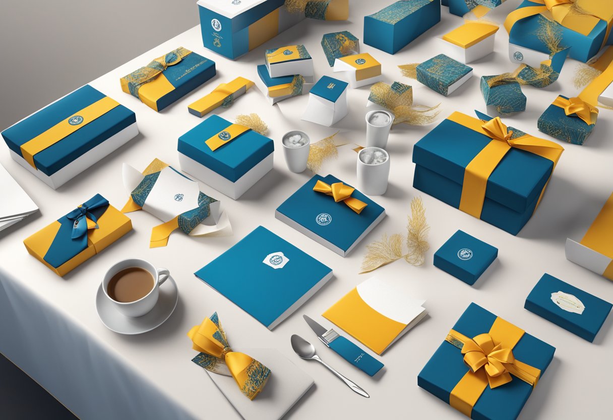 A table filled with high-end corporate gifts, each adorned with a company logo