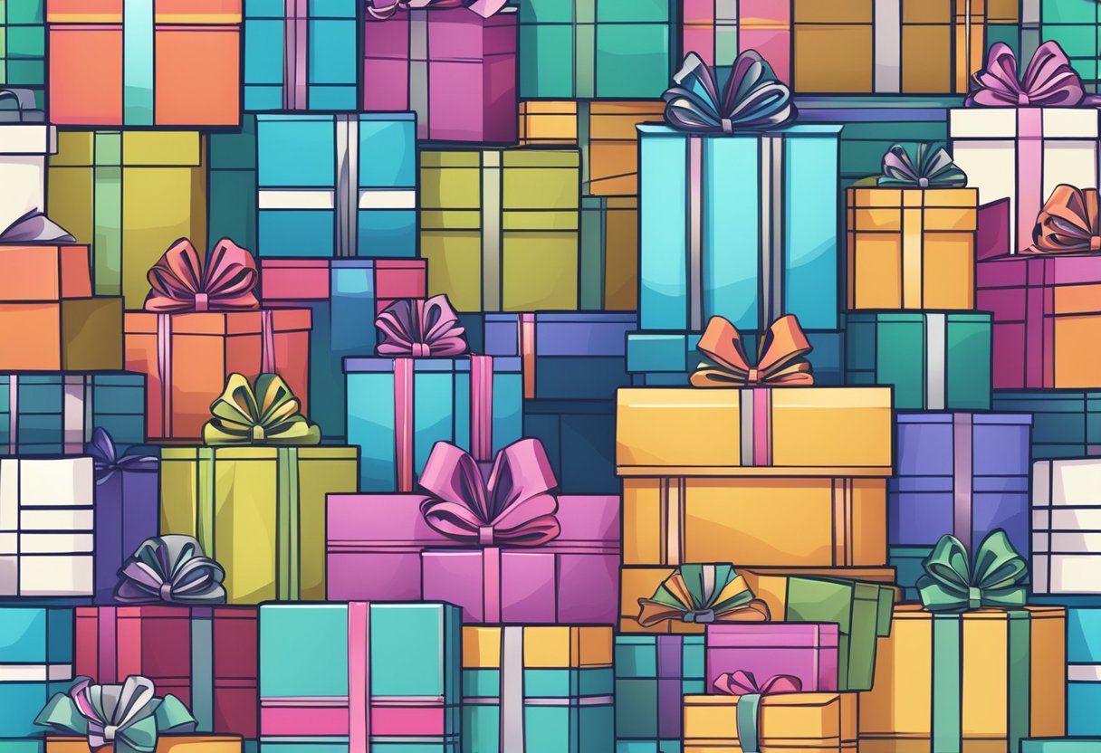 A pile of assorted gifts stacked neatly, with boxes and ribbons, ready for bulk orders