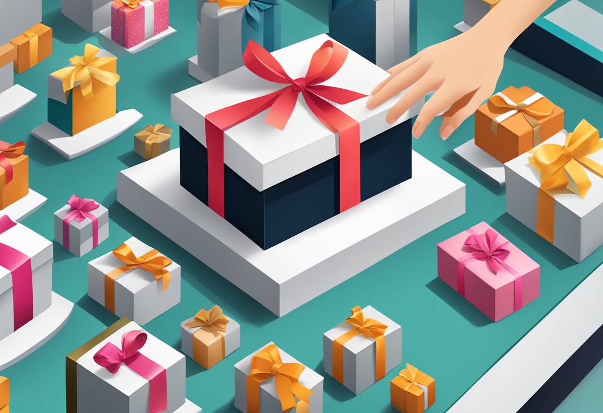 A hand reaches for a sleek, branded luxury gift box amidst a display of elegant corporate gifts