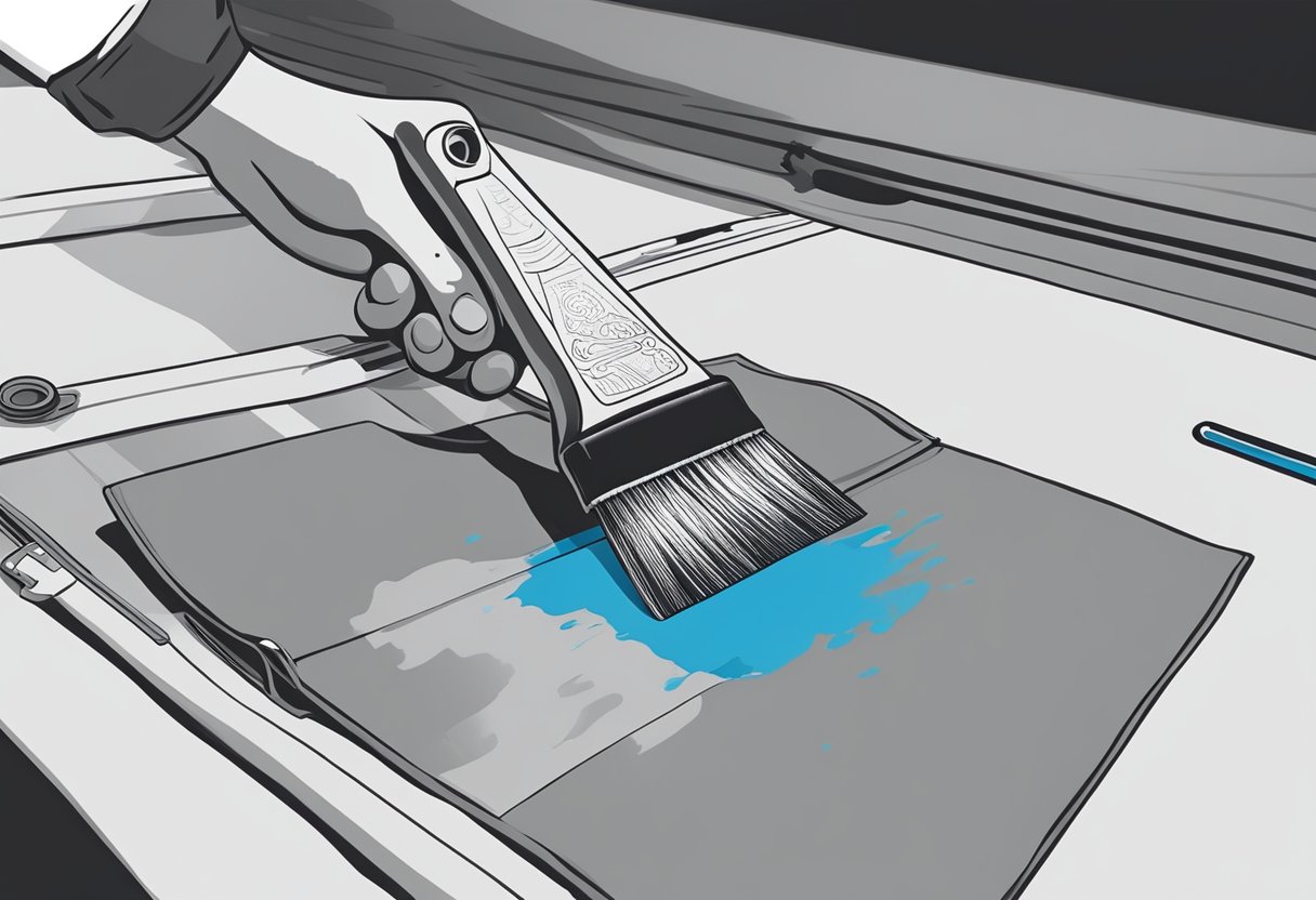 A hand pulls a squeegee across a canvas bag, applying ink through a screen stencil, creating a printed design