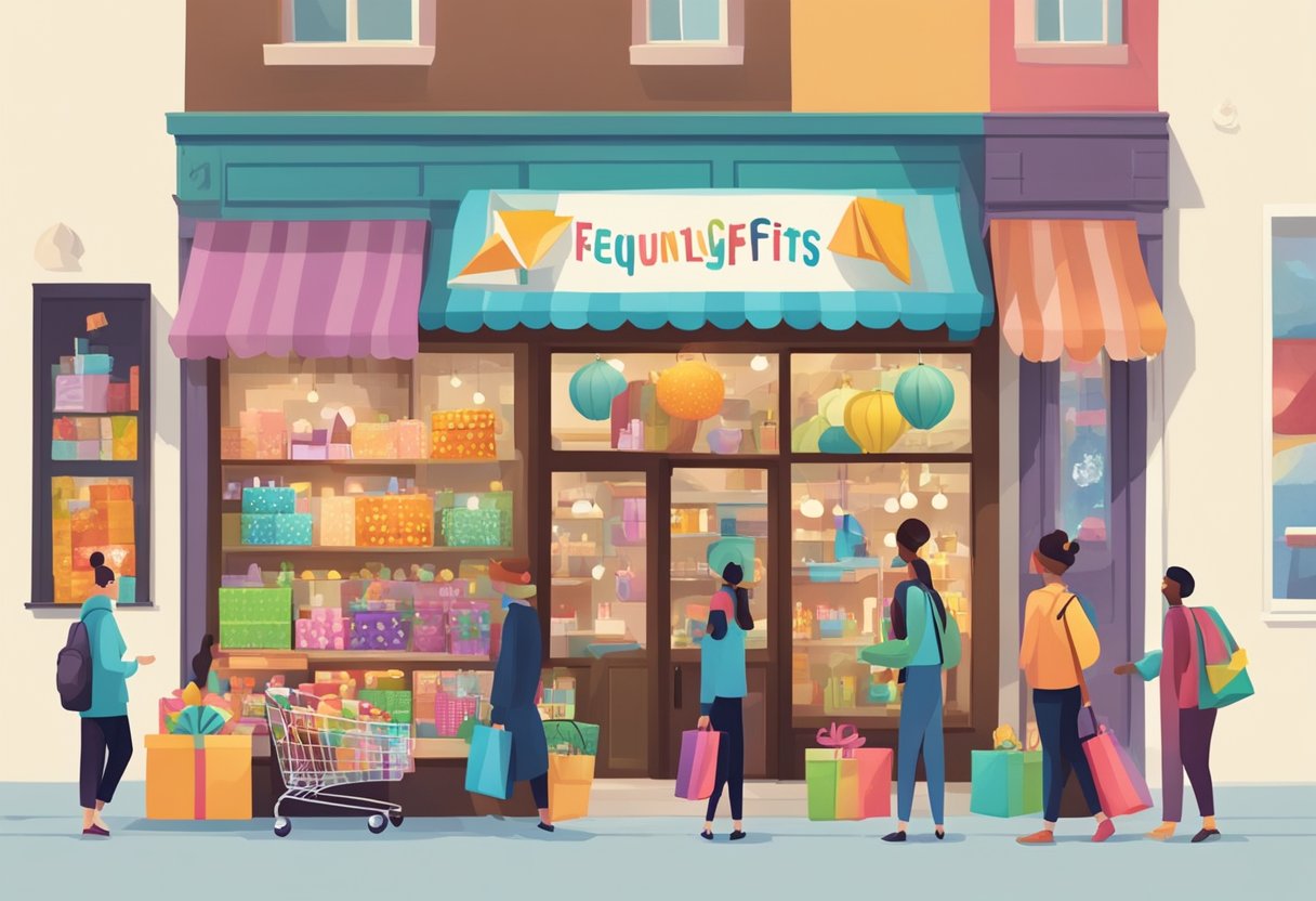 A colorful storefront with a large sign reading "Frequently Asked Questions shopgifts" surrounded by curious customers browsing through various gift items