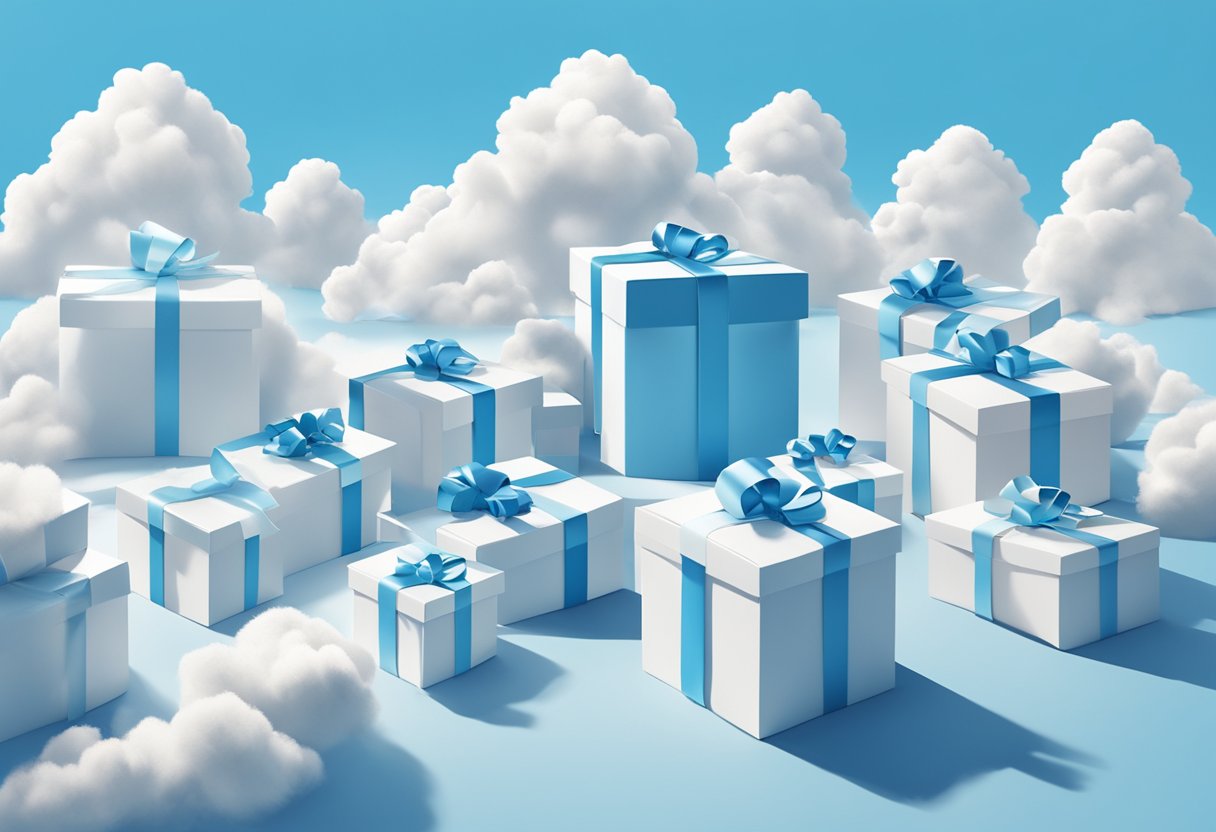 A group of fluffy white clouds floating in a clear blue sky, with a logo imprinted on each one. Gift boxes and ribbons scattered around