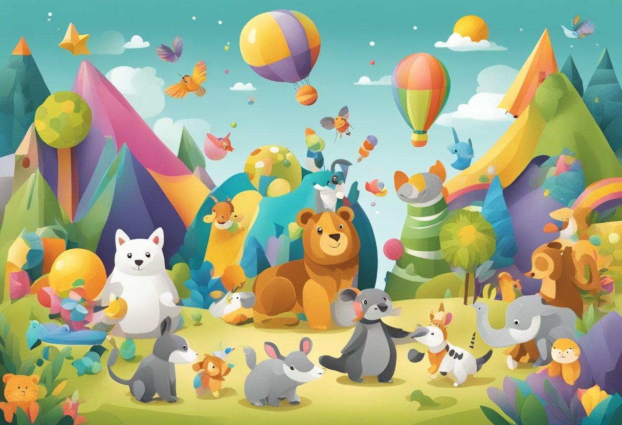 A playful scene of animals, toys, and colorful shapes arranged in a whimsical and educational manner for a children's calendar corporate gift design