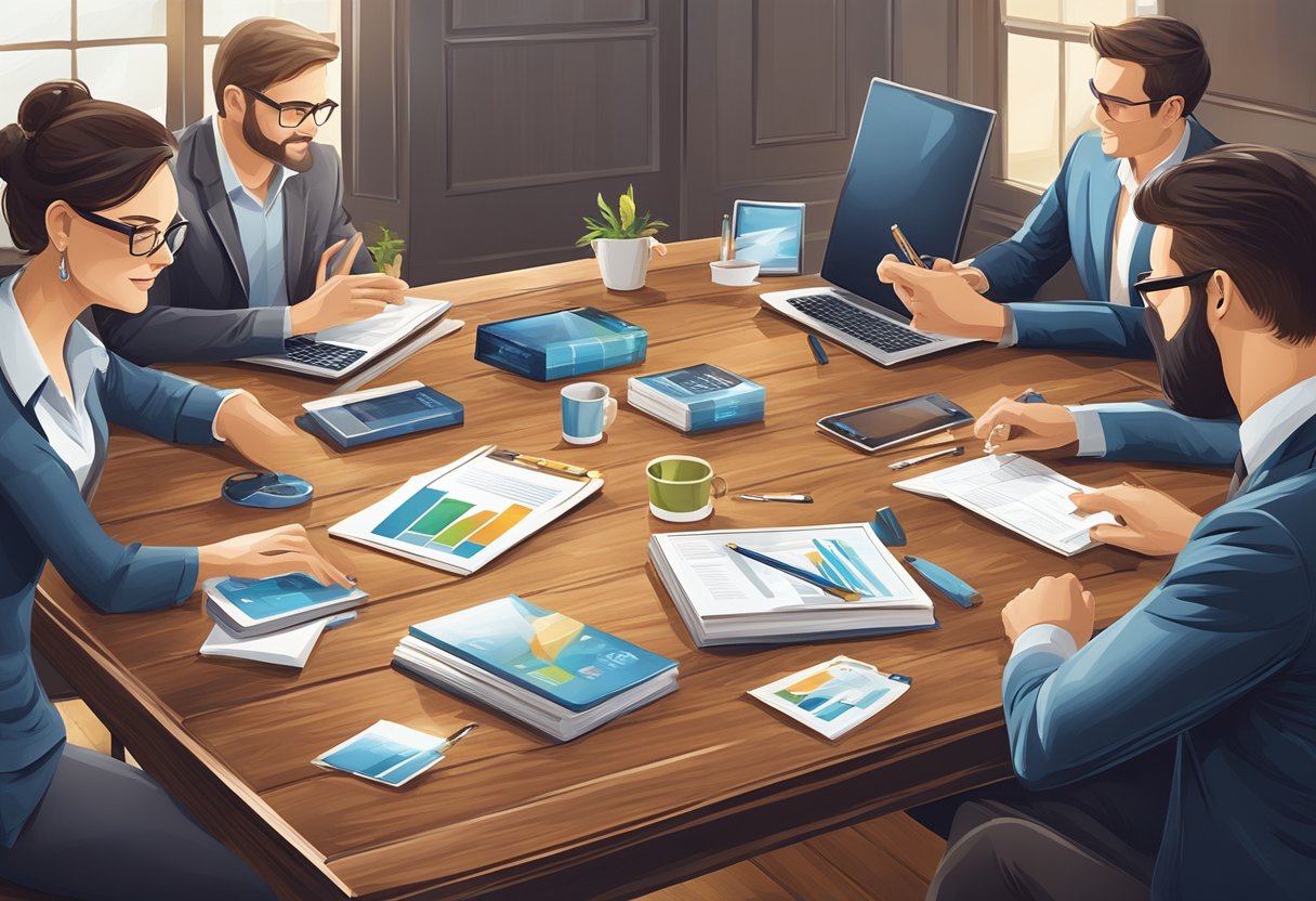 A group of elegant, high-quality corporate gifts with logos displayed on a polished wooden table, surrounded by business professionals engaged in conversation
