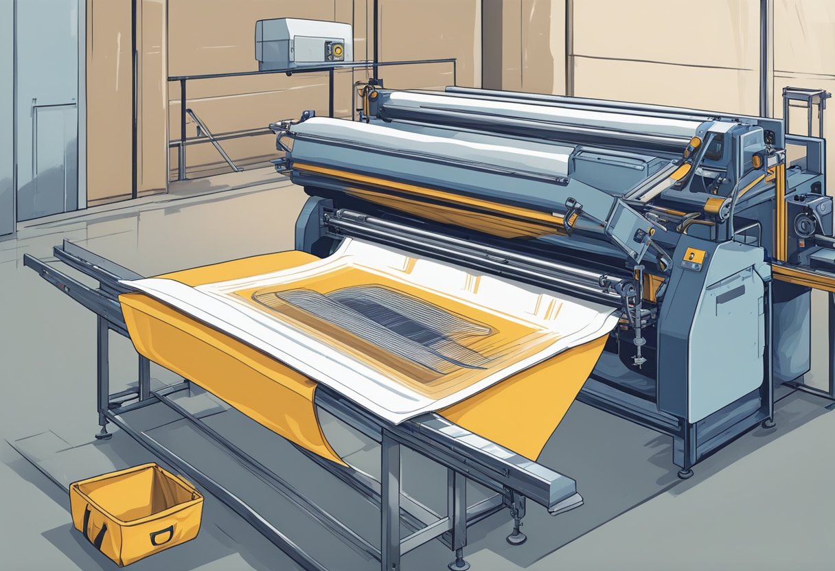 A canvas bag moves along a conveyor belt towards a screen printing machine. Ink is applied to the bag, customizing the design, before it is packaged for delivery