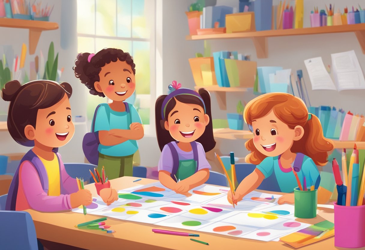 A group of children happily creating artwork for a calendar, with colorful supplies and a budgeting board in the background