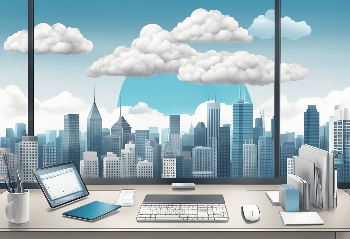 A group of cloud-shaped corporate gifts arranged strategically on a sleek, modern desk with a city skyline in the background