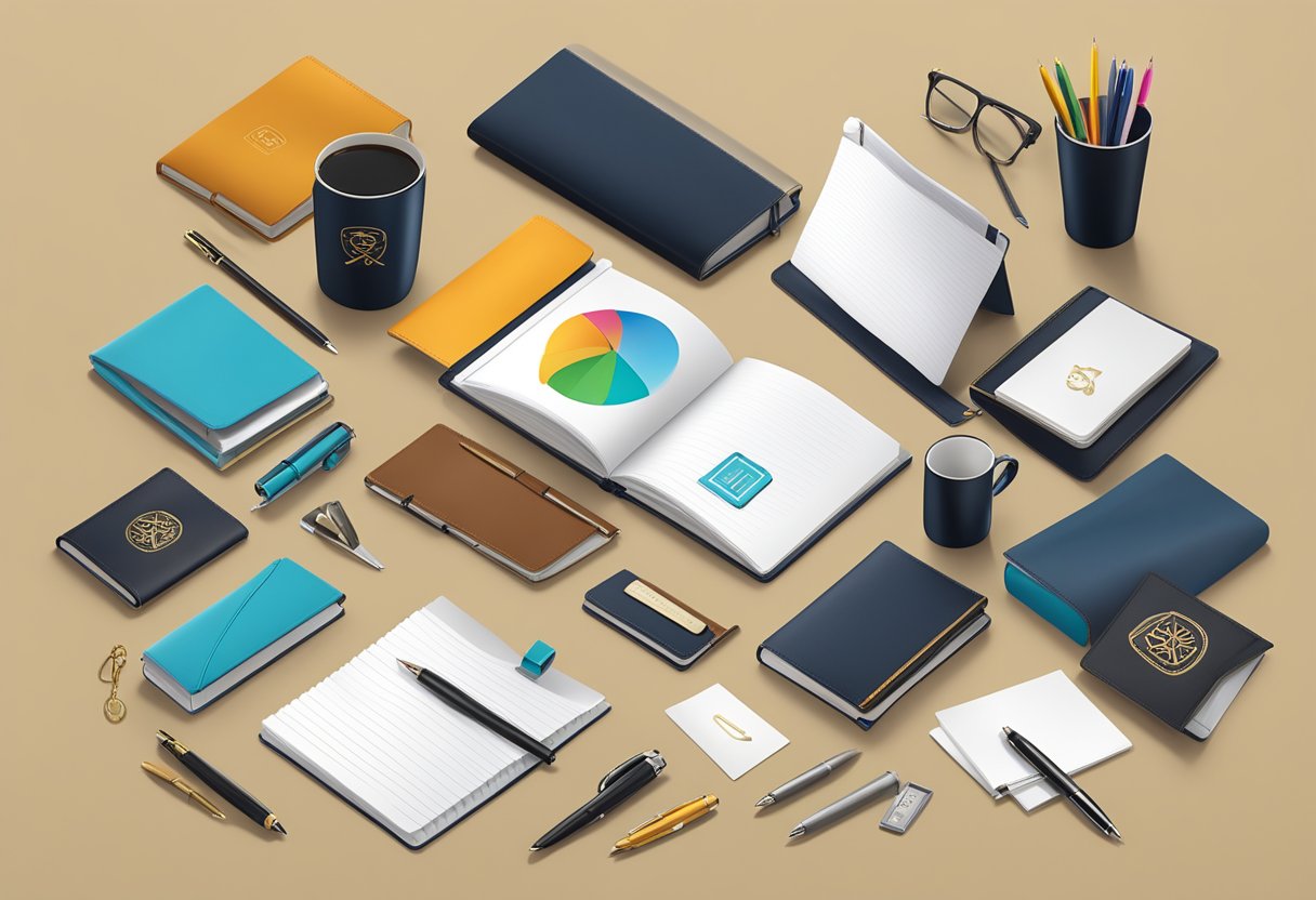 A table adorned with high-quality corporate gifts, including branded pens, leather notebooks, and elegant desk accessories