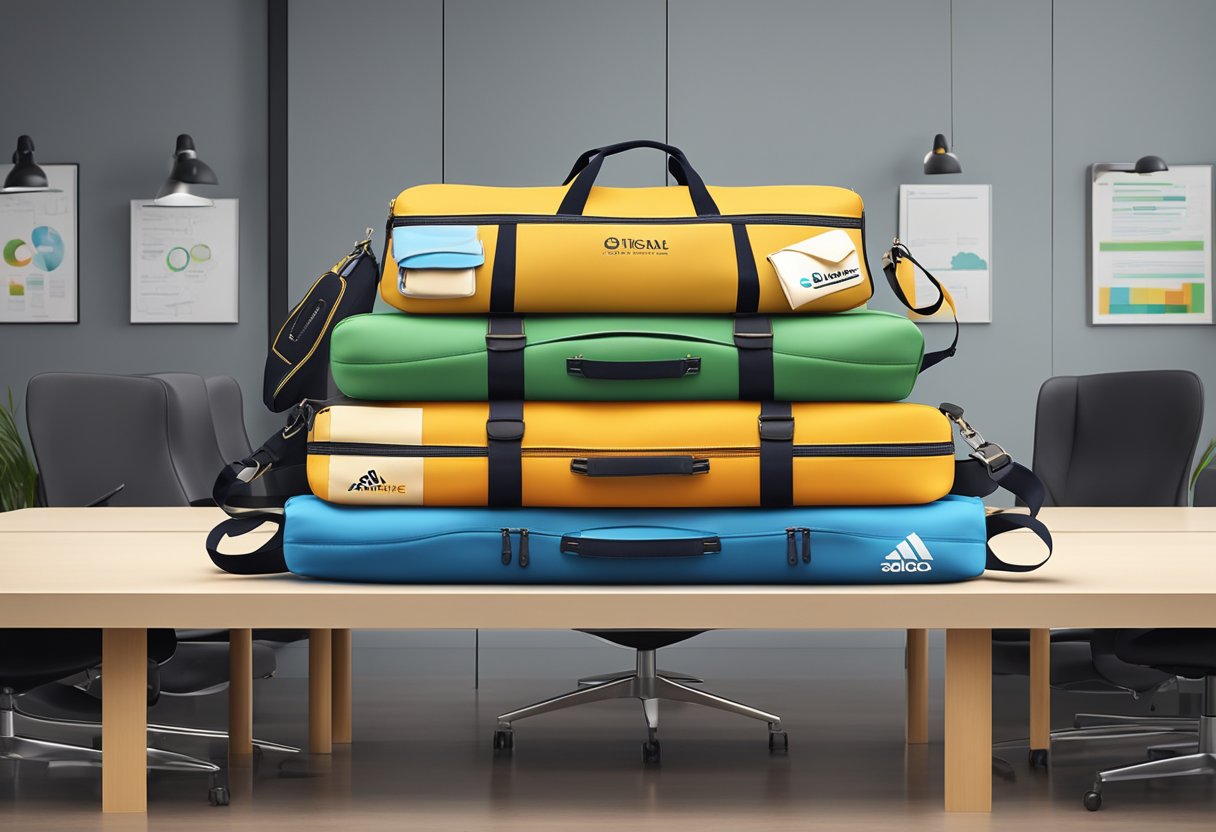 A stack of branded travel bags, adorned with corporate logos, sits neatly arranged on a sleek, modern conference table