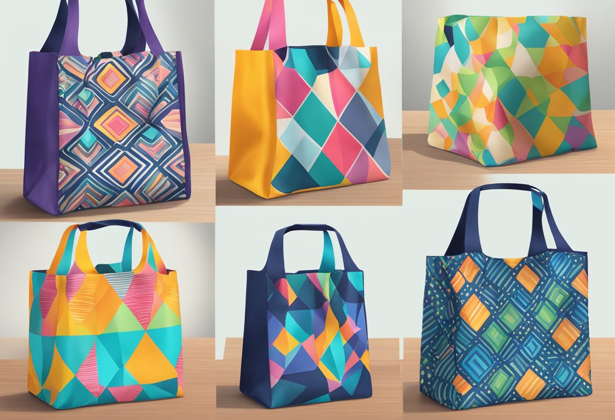 A custom-designed reusable bag sits on a table, showcasing vibrant colors and unique patterns