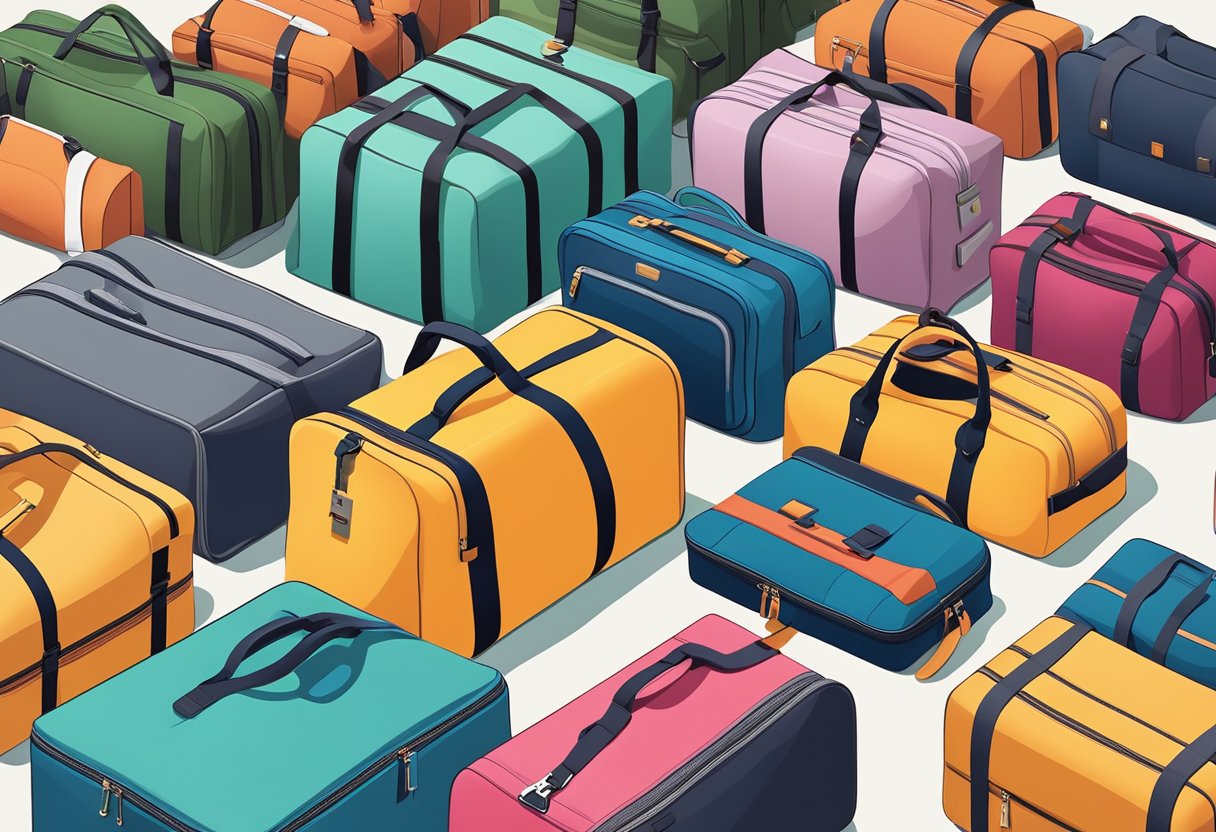 A hand reaches for a sleek travel bag among rows of corporate gifts on a display table