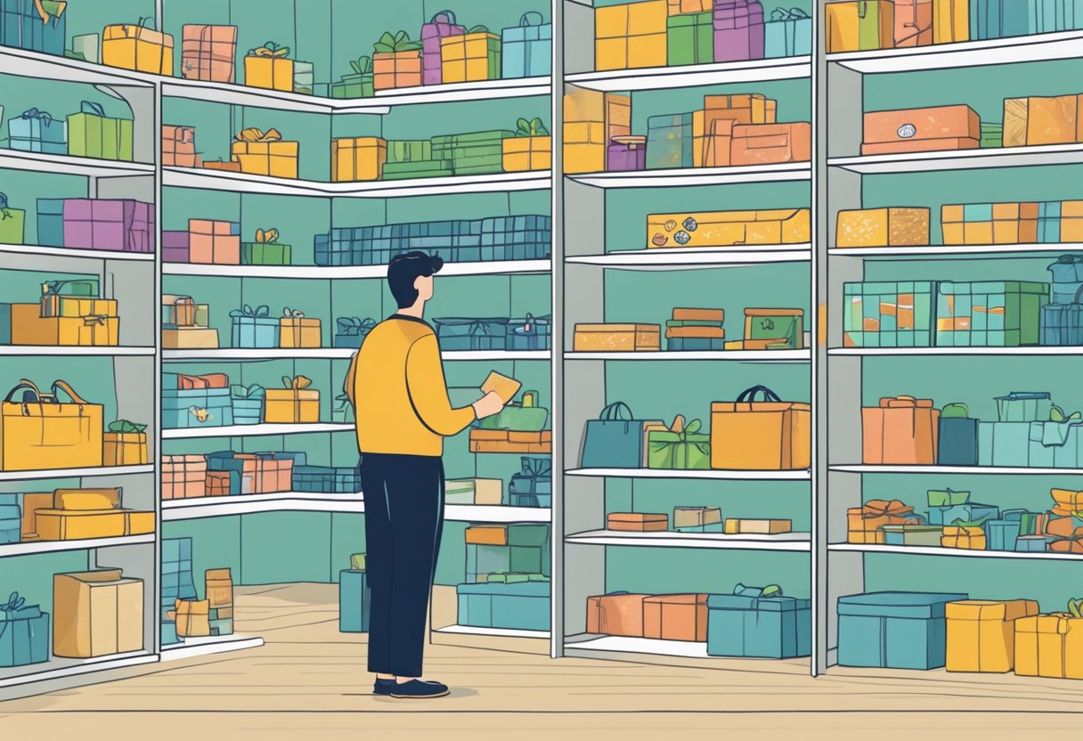 A person standing in front of shelves, choosing from a variety of corporate gifts for a bulk order