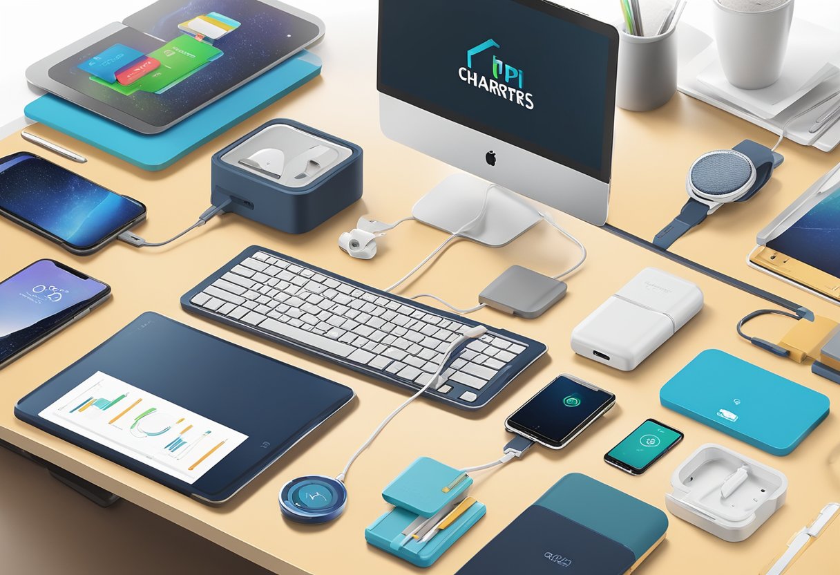 A desk with branded Qi chargers, surrounded by corporate gifts and office supplies