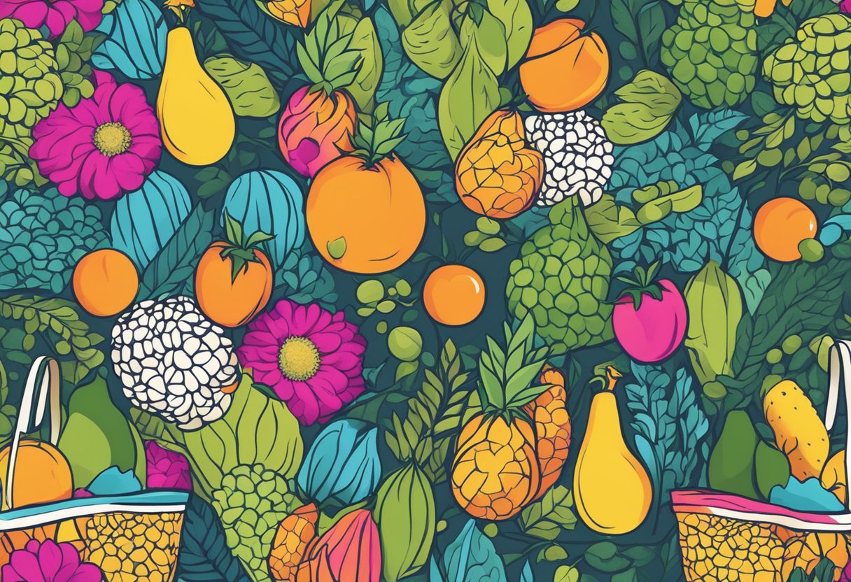 A colorful reusable bag with custom design, featuring bold patterns and vibrant colors, is being used to carry groceries and other items