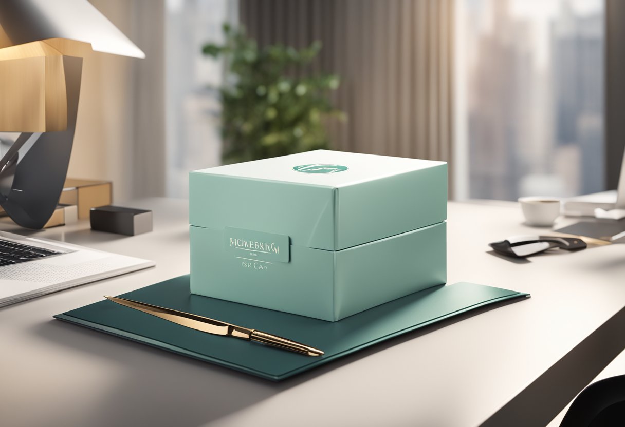 A sleek, branded gift box sits on a polished desk, surrounded by elegant office decor. The logo is prominently displayed, catching the light