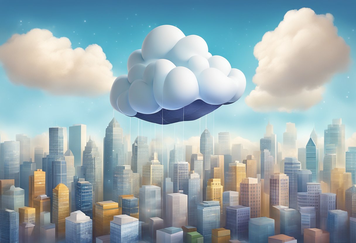 A cloud-shaped gift box floats above a city skyline, delivering innovative corporate gifts