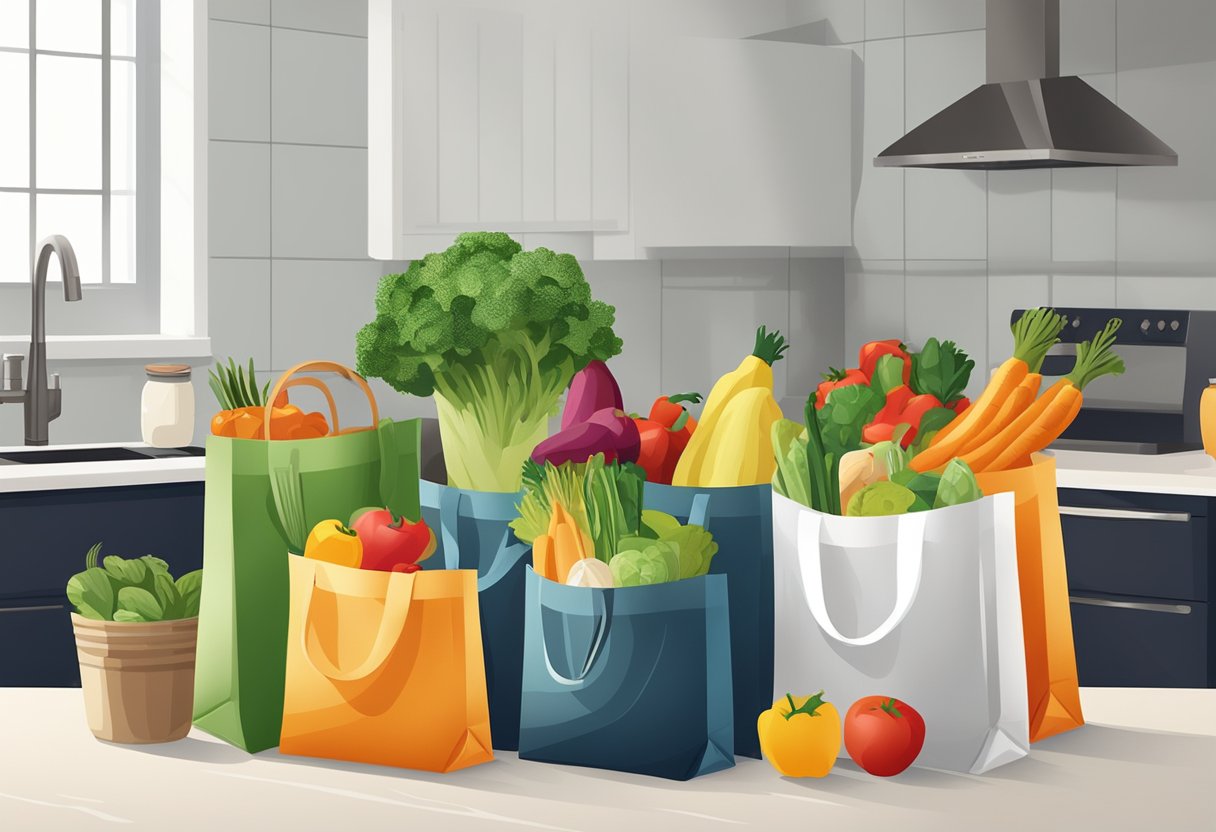 Mini reusable bags arranged in a neat row on a kitchen counter, filled with fresh produce and groceries