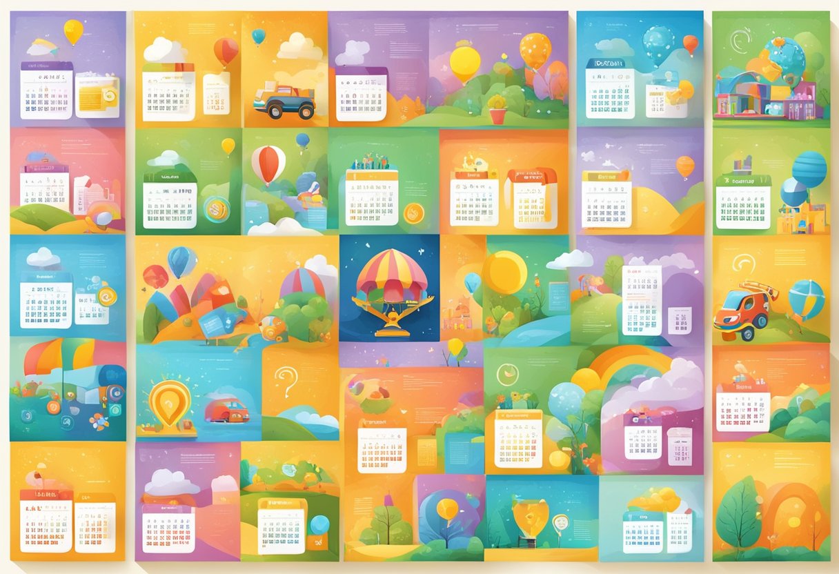 A colorful children's calendar with corporate branding, surrounded by frequently asked questions and gift symbols