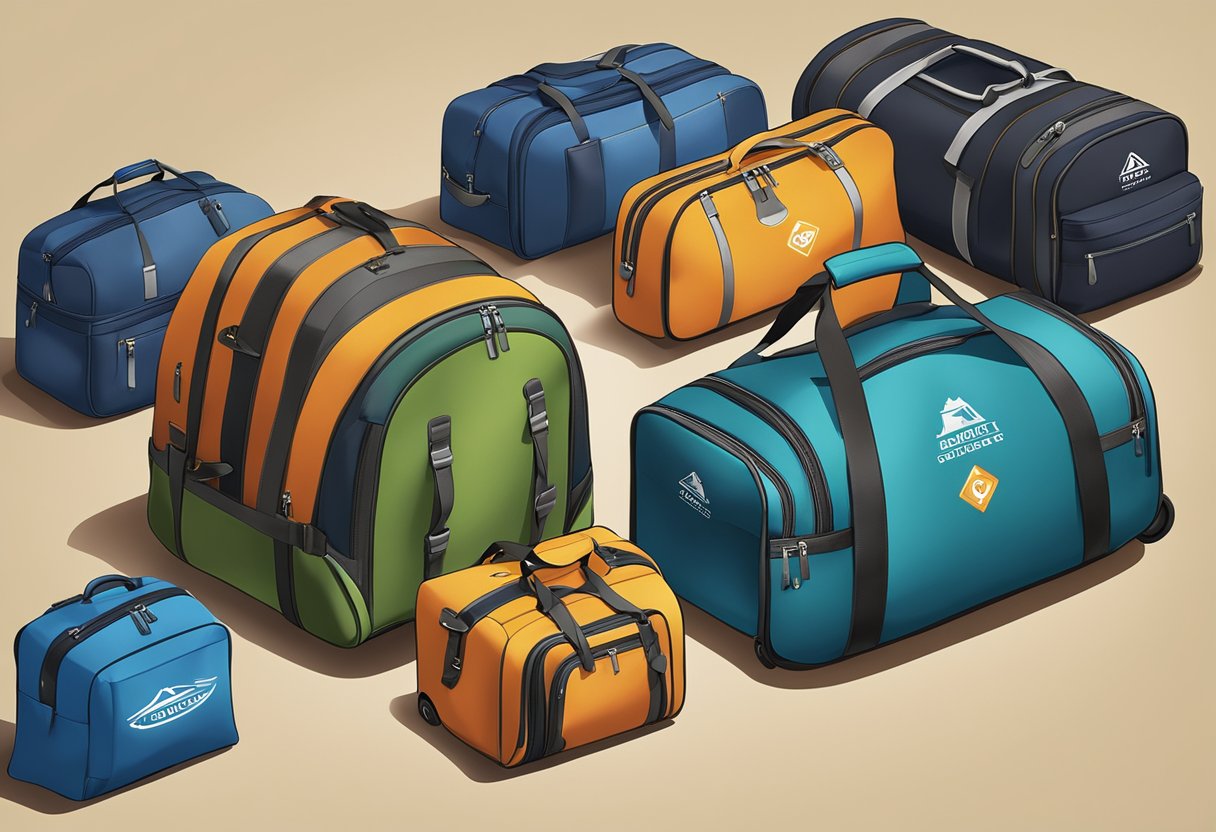 A variety of travel bags displayed on a table, including backpacks, duffel bags, and rolling suitcases. The bags are branded with corporate logos and colors