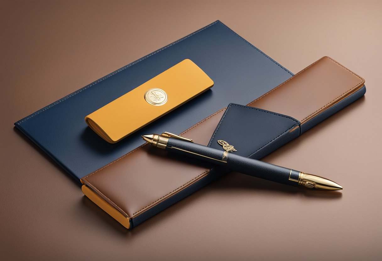 A sleek, custom-engraved pen rests on a luxurious leather-bound notebook, surrounded by elegant packaging and a subtle logo