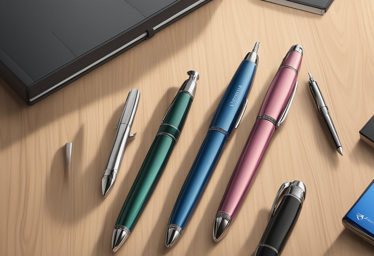 A sleek, modern pen with a company logo engraved on the side sits on a polished wooden desk, surrounded by other high-quality corporate gifts