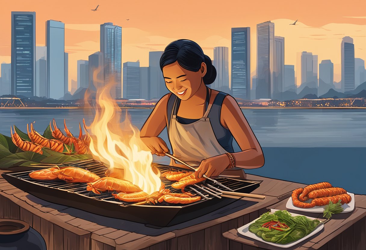 An Orang Asli woman grills fresh seafood over an open flame in Johor Bahru, with the skyline of Singapore in the background