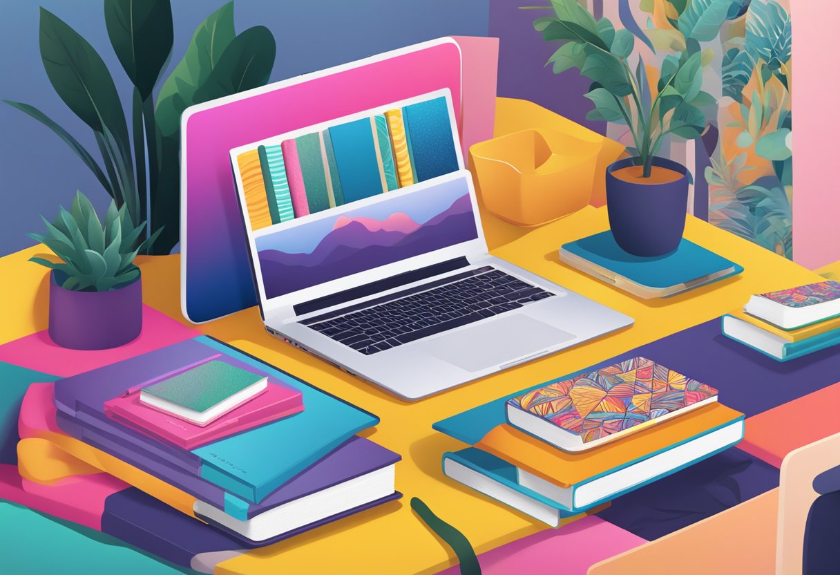 A laptop sleeve with personalized design, featuring vibrant colors and intricate patterns, lying on a sleek desk next to a neatly arranged stack of books