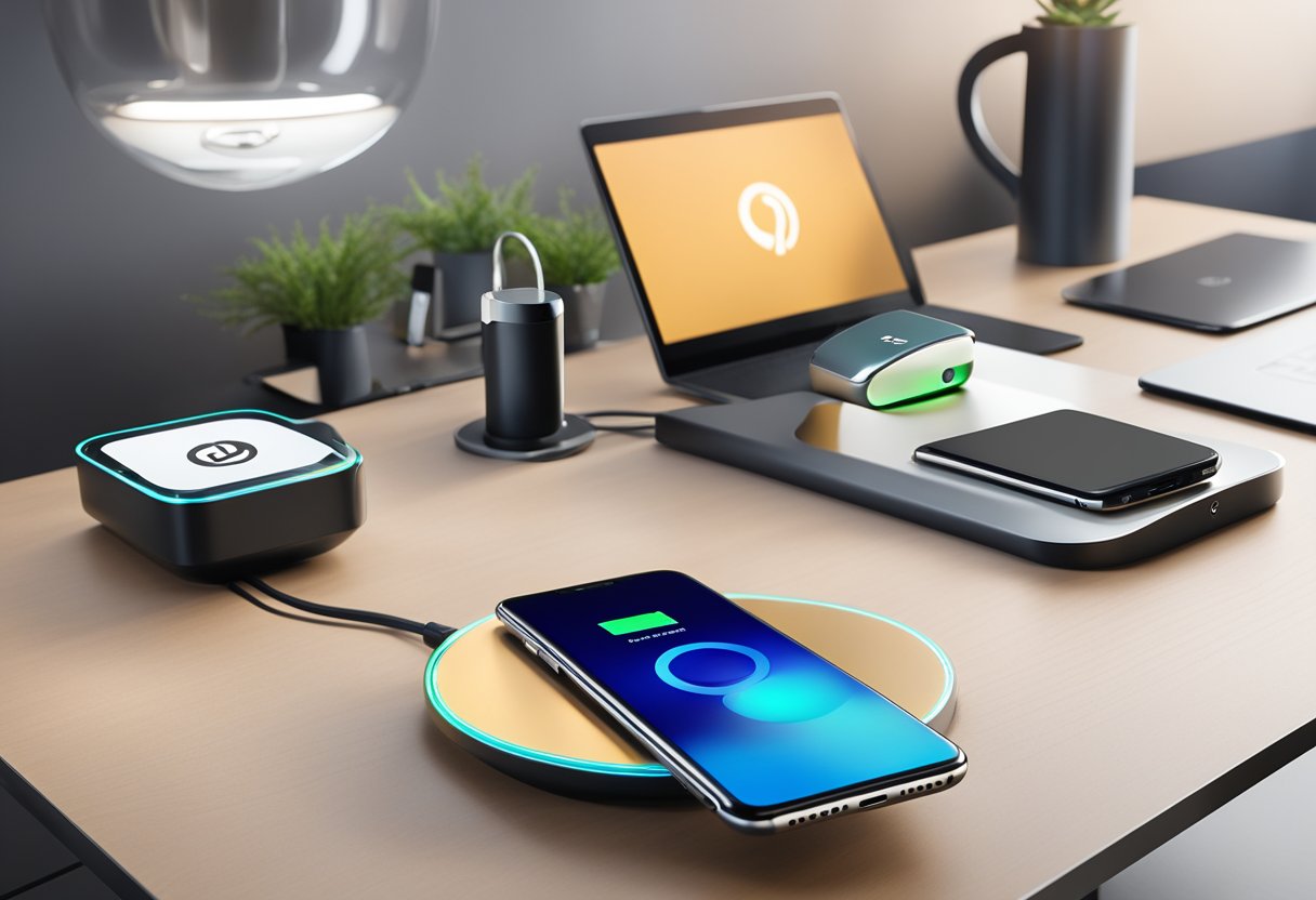 A sleek, modern office desk with a branded Qi charger, surrounded by electronic devices. A logo prominently displayed on the charger
