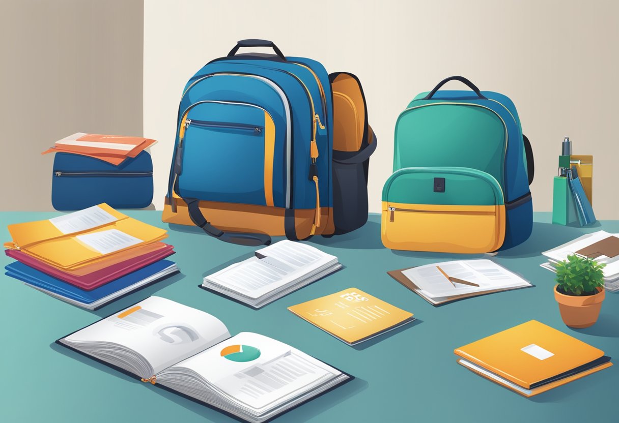 A table with neatly arranged corporate travel bags, a sign with "Frequently Asked Questions" prominently displayed, and a stack of brochures nearby