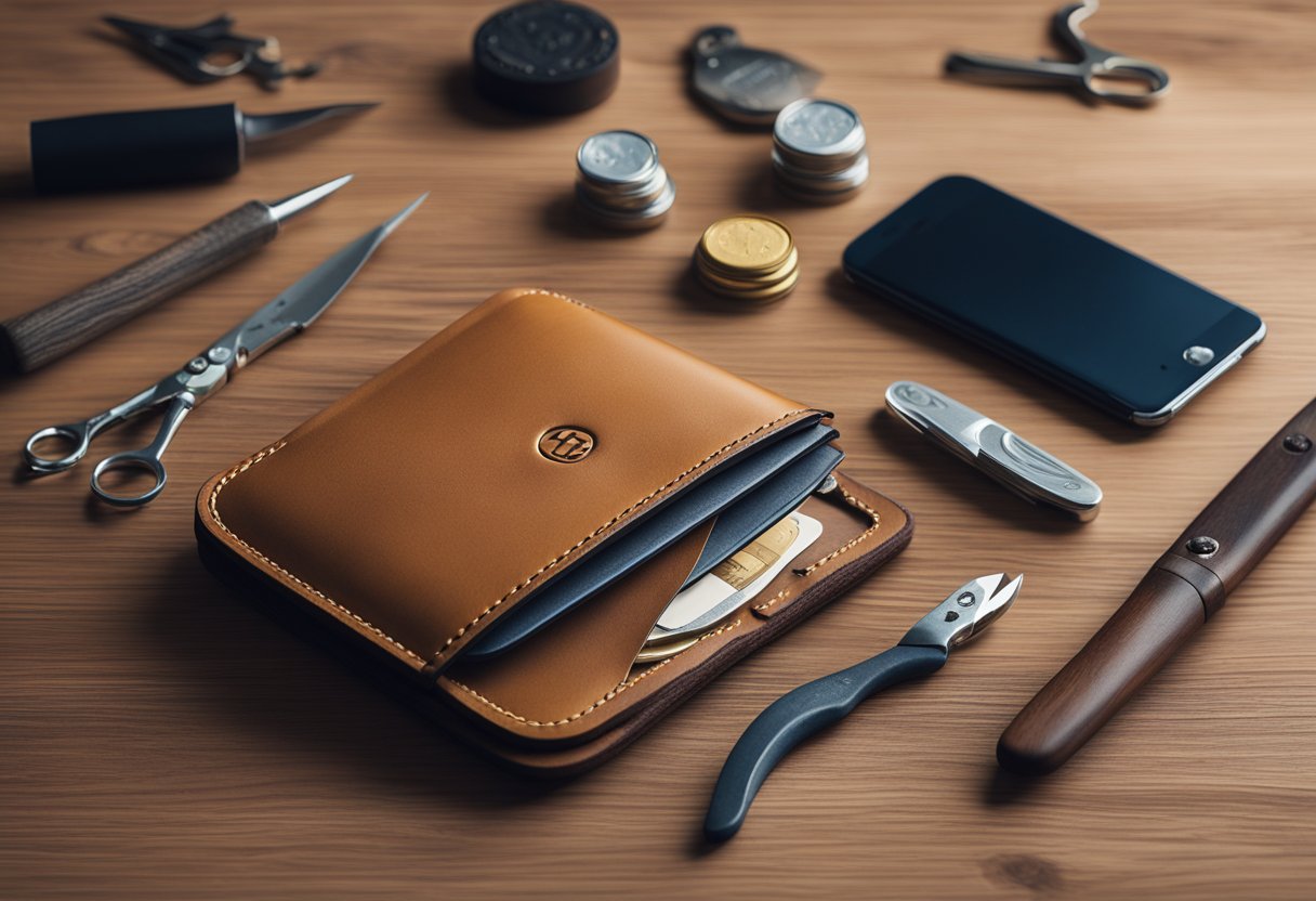 A handcrafted leather card holder with personalized initials sits on a sleek wooden desk, surrounded by various tools and materials for customization