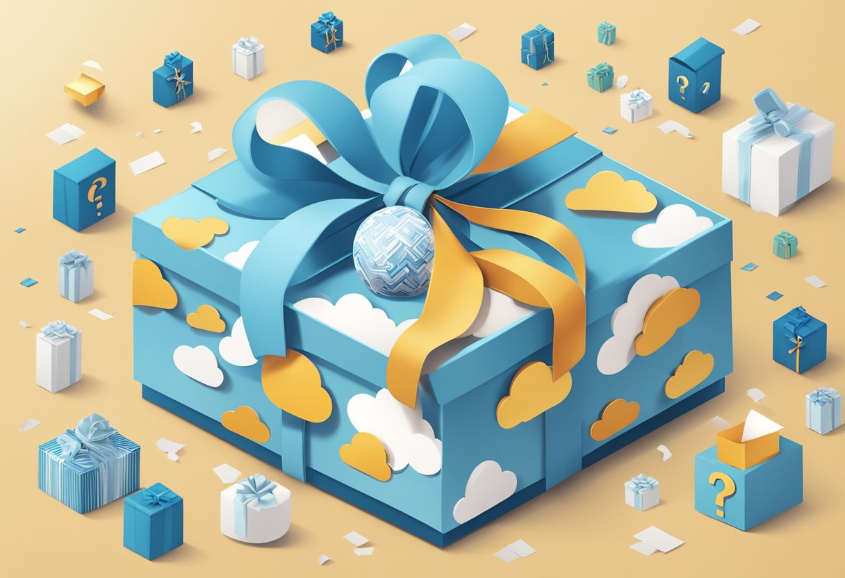 A cloud-shaped gift box surrounded by question marks and corporate logos